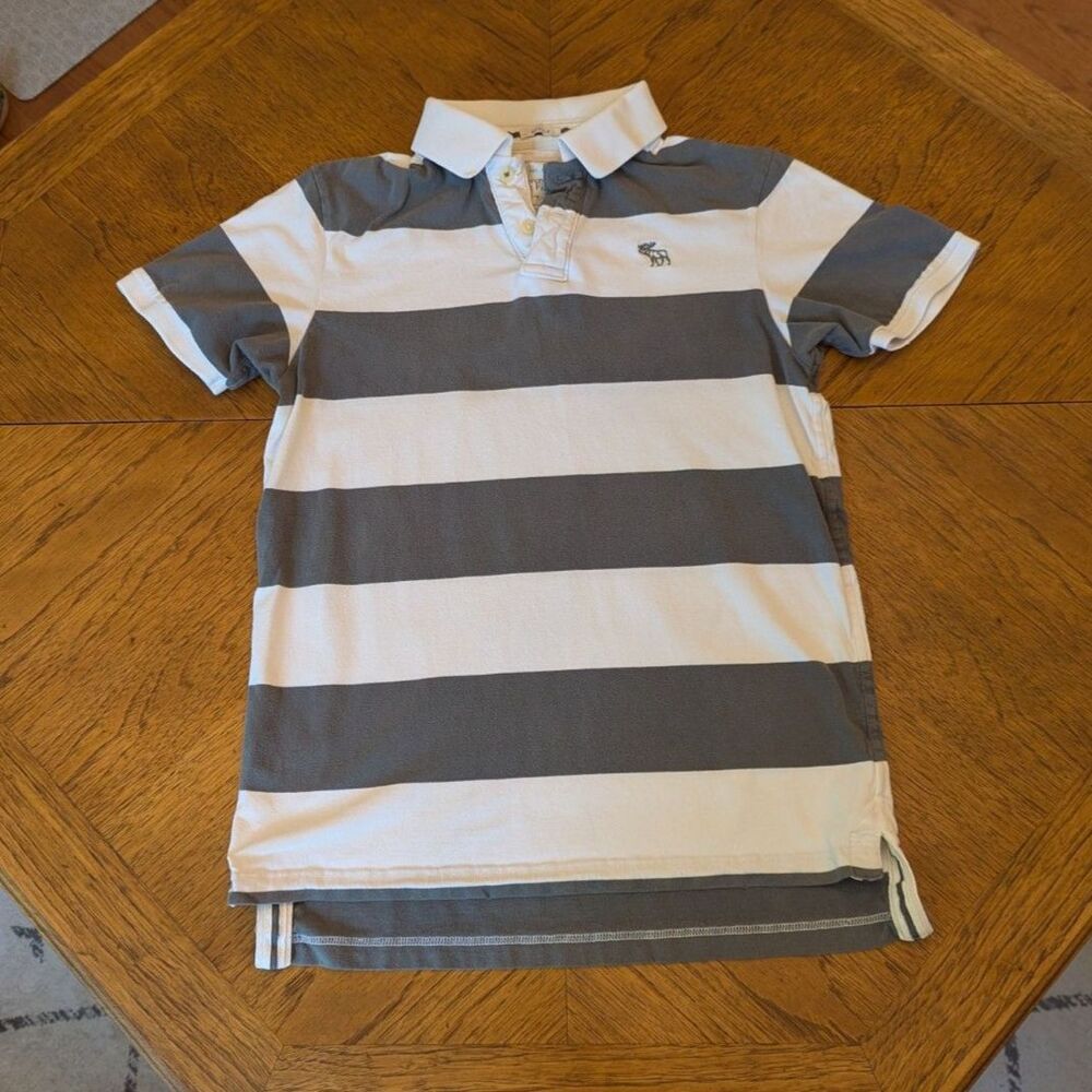 Abercrombie & Fitch Grey White Rugby Stripe Short Sleeve Polo Shirt Size Medium